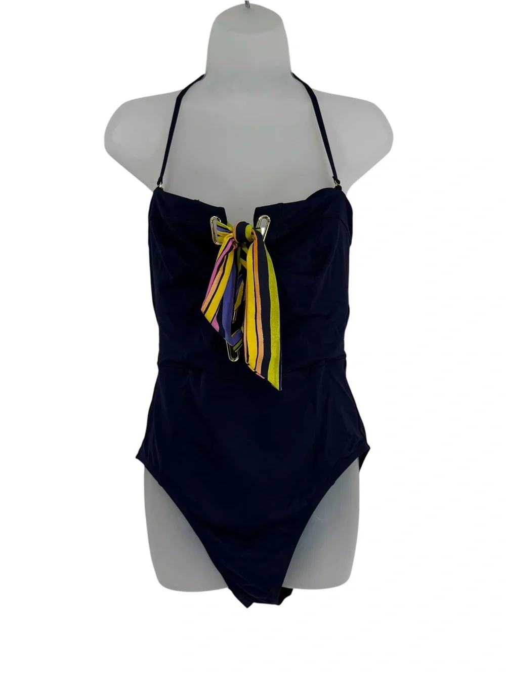 Trina Turk Bal Harbour Halter Bandeau One-Piece Swimsuit Navy Blue Size 12